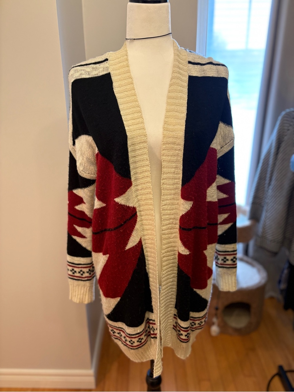 Open-Front Tribal Pattern Cardigan Sweater - Black, Red & Cream